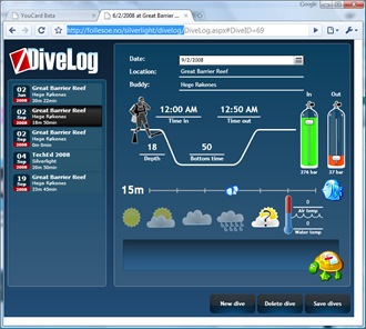 Dive Log running in Google Chrome